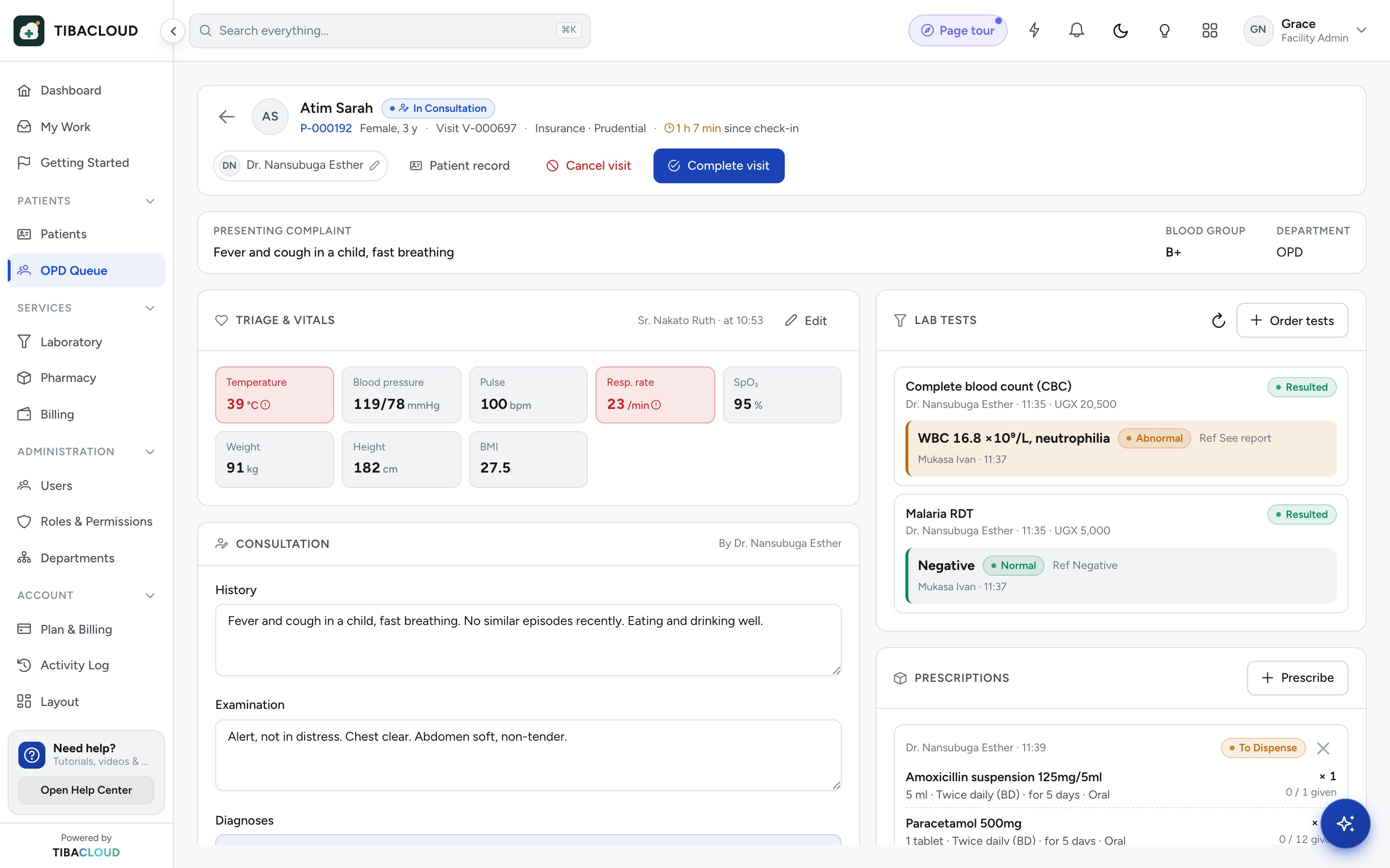 Visit workspace: triage vitals with an out-of-range BMI flagged, the presenting complaint, consultation notes, and lab results back from the laboratory with abnormal flags